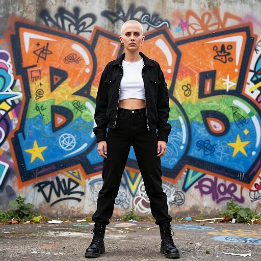 Photograph of a bald woman in a black jacket, white crop top, black pants, and boots, standing in front of vibrant graffiti-covered wall.