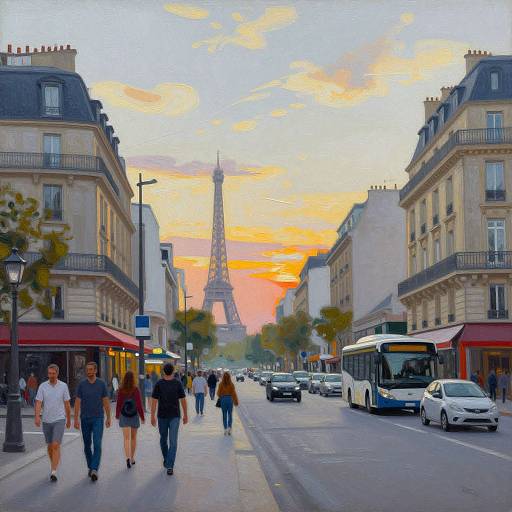 Photograph of a Paris street at sunset, featuring the Eiffel Tower in the background, with pedestrians walking, a bus, and cars driving.