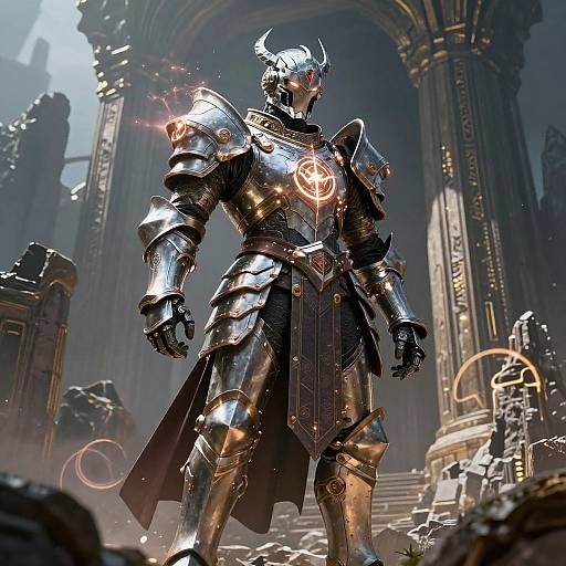 Futuristic Paladin at Ruined Temple