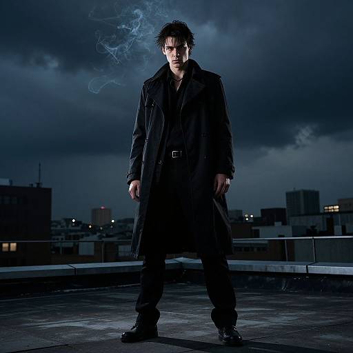 Photograph of a brooding man with spiky black hair, wearing a long black coat, standing on a rooftop at night, with smoky air