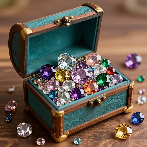 Photograph of an open, ornate teal wooden treasure chest filled with vibrant, multicolored gemstones scattered on a wooden surface.