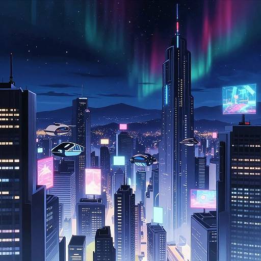 Digital artwork of a neon-lit, futuristic cityscape at night, featuring towering skyscrapers, colorful aurora borealis, and bright LED bill