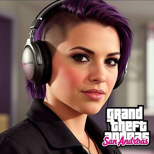 CGI portrait of a woman with purple hair, black headphones, and a black shirt, looking to the side. Text reads 
