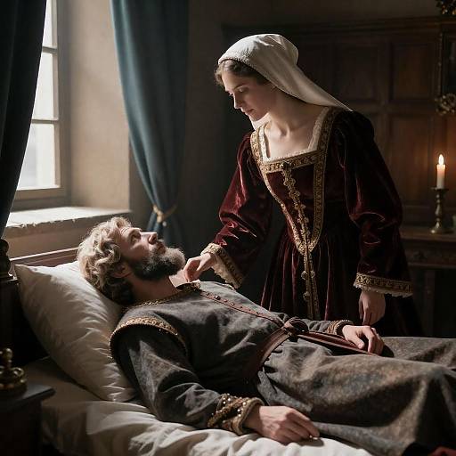 Sunlit Medieval Bedside: Bearded Man and Noblewoman