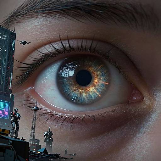 Close-up digital artwork of a giant blue and yellow-eyed human face with detailed irises, surrounded by sci-fi cityscape, mechs, and drones