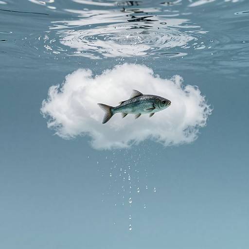 Photograph of a fish swimming within a fluffy white cloud underwater, surrounded by clear blue water with light reflections.