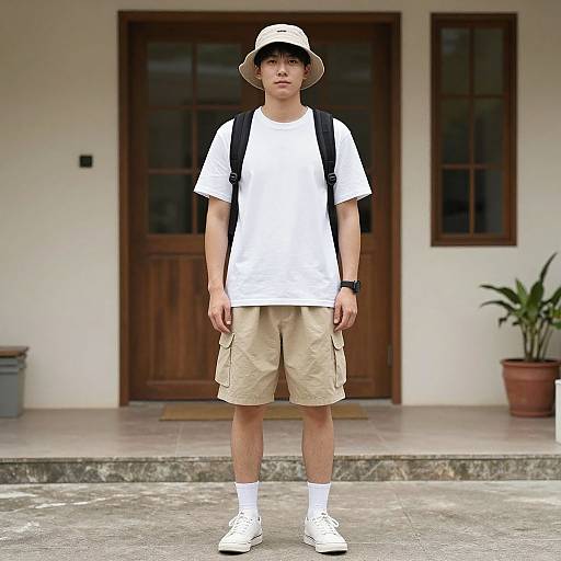 Photograph of an Asian teenage boy in a white t-shirt, beige shorts, white sneakers, white socks, and a beige bucket hat, standing in