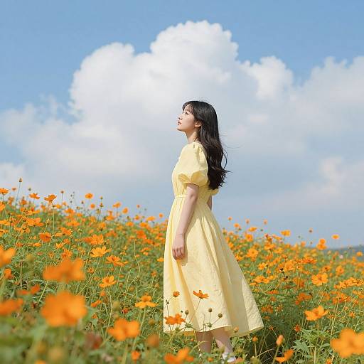 Photograph of an Asian woman with long black hair, wearing a yellow dress, standing in a bright orange wildflower field under a blue sky with white
