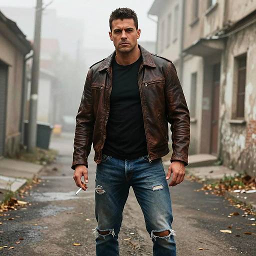 Photograph of a muscular man with short dark hair, wearing a black shirt, brown leather jacket, and ripped blue jeans, standing in a foggy