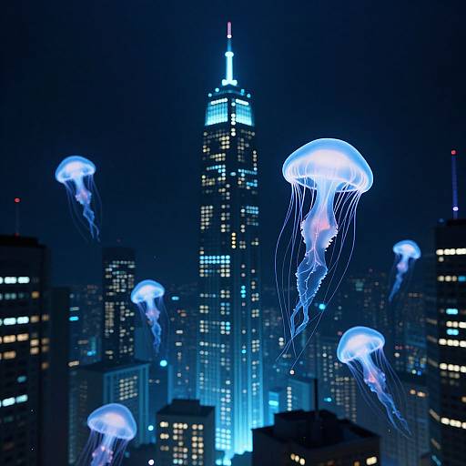 Photograph of glowing blue jellyfish floating in front of a lit-up New York City skyline, with the Empire State Building prominently centered.