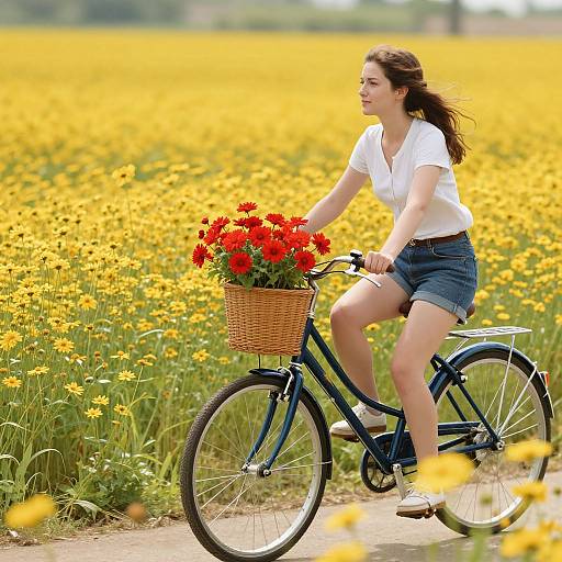 Photograph of a smiling brunette woman in a white shirt and denim shorts, riding a blue bicycle through a vibrant yellow daisy field, with a basket