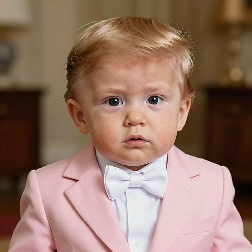 Photograph of a cute, light-skinned baby boy with blonde hair, wearing a pink blazer and white bow tie, looking directly at the camera