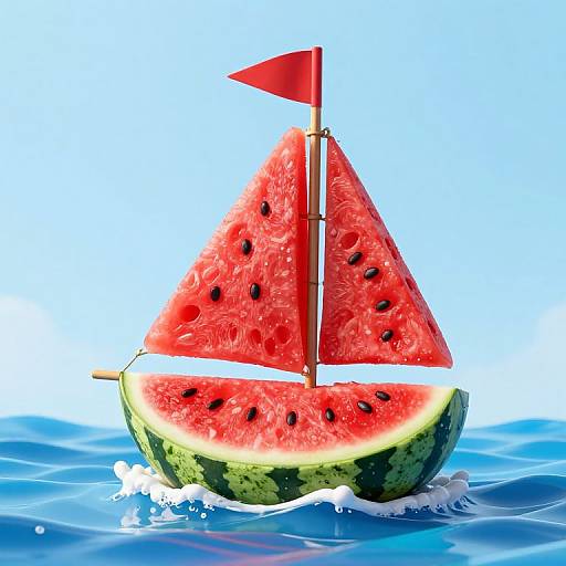 Photorealistic digital artwork of a watermelon sailboat with a red flag, slicing through blue ocean waves, vibrant red flesh, black seeds, and