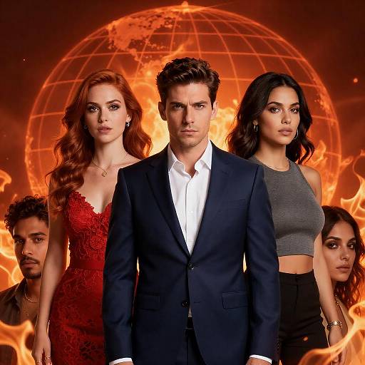 Dramatic Group Portrait with Fiery Globe Background