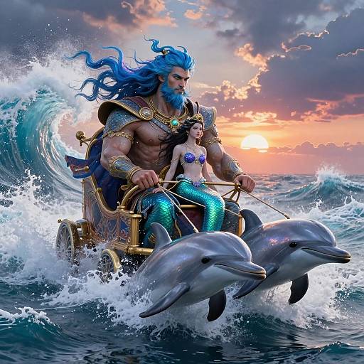 Digital fantasy art: Muscular blue-maned king with golden armor rides a golden chariot with mermaid, dolphins, ocean wave, sunset sky.