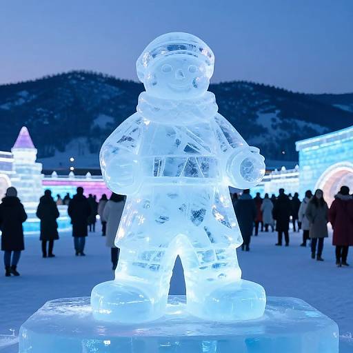 Photograph of a glowing, transparent ice sculpture of a child in winter clothing, illuminated at night, surrounded by people and brightly lit ice structures in a