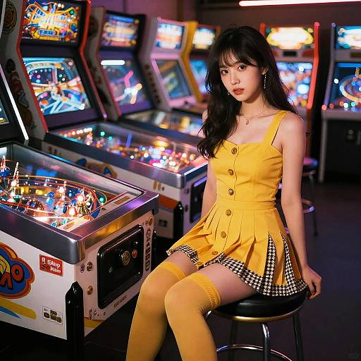 Photograph of an East Asian woman with long black hair, wearing a yellow dress and matching thigh-high socks, sitting on a stool in a brightly lit
