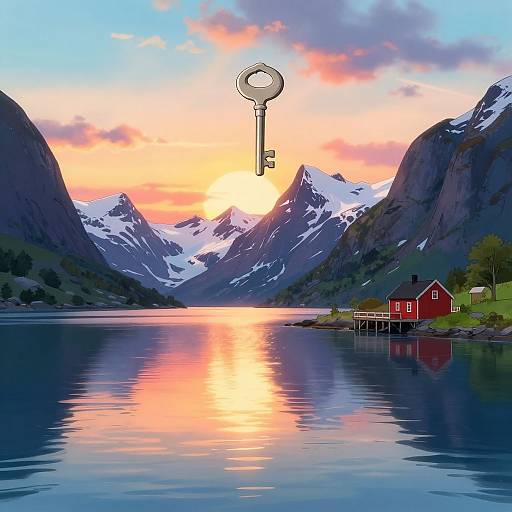 Digital artwork: Key floating above vibrant sunset over calm lake, reflecting colorful sky, surrounded by snow-capped mountains and red wooden cabin.
