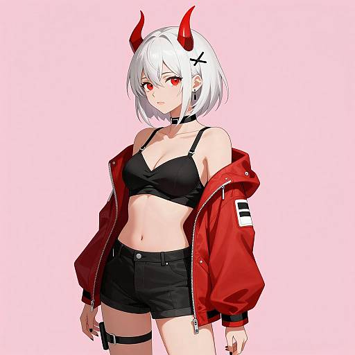 Anime Girl with Red Horns and Jacket