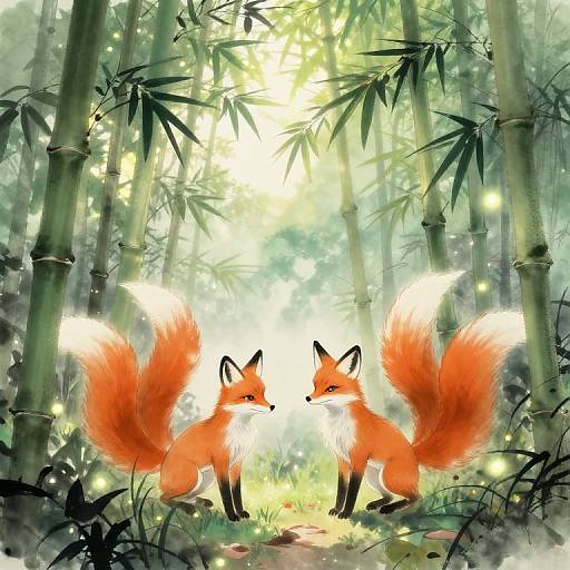 Digital illustration of two vibrant red foxes with fluffy tails, standing in a sunlit, misty bamboo forest, surrounded by glowing fireflies.