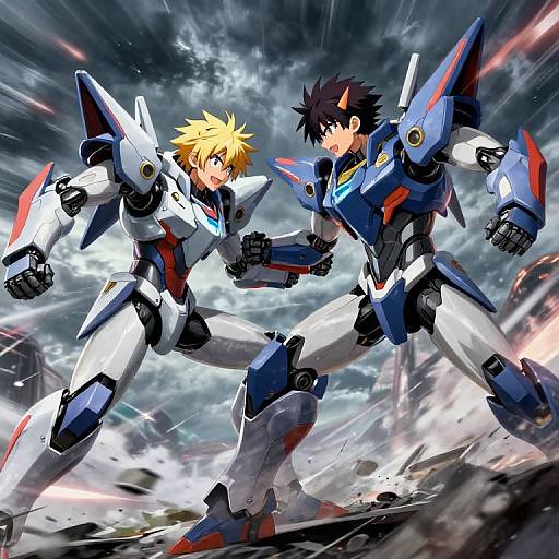 Dynamic anime-style digital artwork of two male mecha pilots, one with blonde hair and one with black hair, clashing in a stormy, action