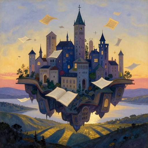 Fantastical floating castle at sunset, illuminated by warm light, with papers flying, surrounded by a serene lake and rolling hills. Digital painting.