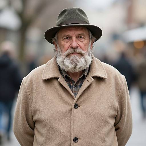 Photograph of an elderly man with a white beard, wearing a green hat and beige coat, standing in a blurred urban street.