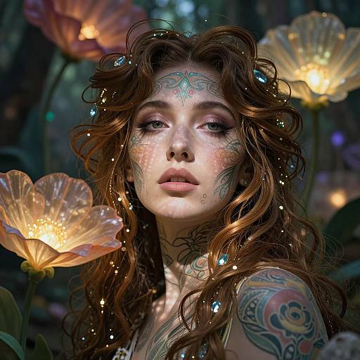 Digital fantasy portrait of a tattooed woman with glowing flowers, ethereal face markings, and wavy brown hair, surrounded by luminescent blooms.