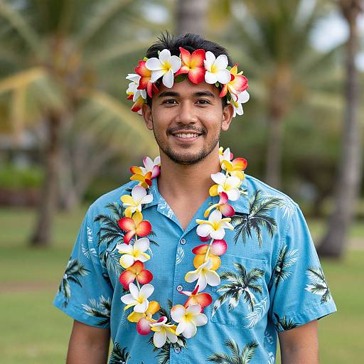 Photograph of a smiling man with medium brown skin, dark hair, and trimmed beard, wearing a blue floral shirt and a vibrant flower lei and crown
