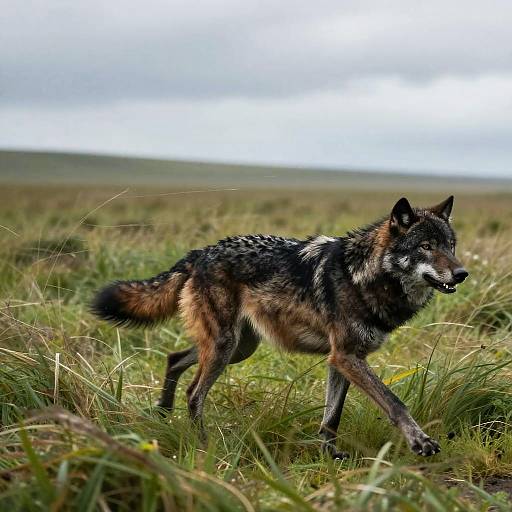 Photograph of a wild, black-and-brown wolf with white facial markings walking through tall, green grass under a cloudy sky.