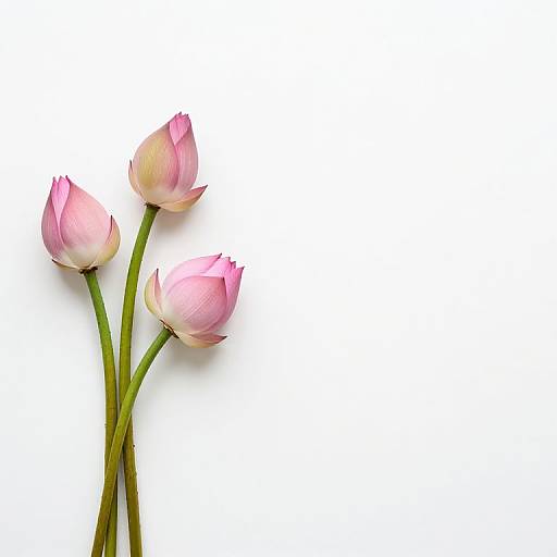 Photograph of four pink lotus buds with green stems, arranged diagonally on a white background, showcasing delicate petals and natural beauty.