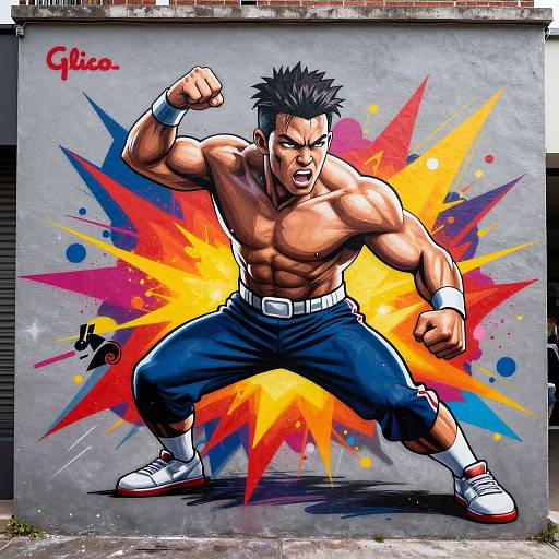 Colorful graffiti of muscular, shirtless, anime-style male with black spiky hair, blue pants, white shoes, and clenched fists, set