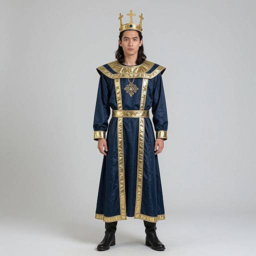 Photograph of a long-haired man in a royal blue and gold medieval-style robe, crown, black boots, and ornate necklace, standing against a