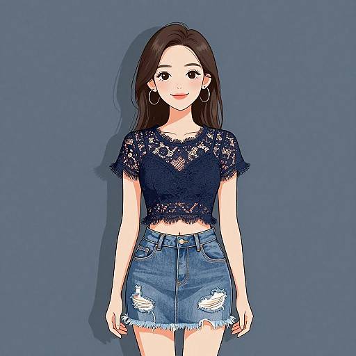 Digital anime-style drawing of a smiling young woman with long brown hair, wearing a black lace crop top and blue distressed denim skirt, against a solid blue