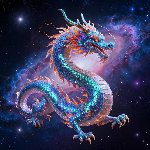 Digital illustration of a vibrant blue, neon-scaled dragon with orange and white accents, floating in a starry, cosmic background.