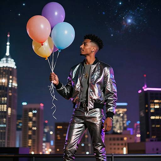 Photograph of a young Black man with short curly hair, wearing a shiny silver jacket and pants, holding colorful balloons, standing on a rooftop at night