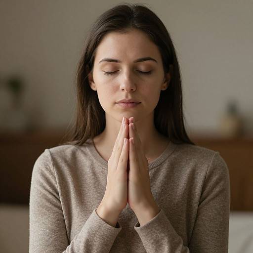 Photograph of a young woman with long dark hair, closed eyes, and light brown sweater, hands in prayer pose, in a softly lit room.