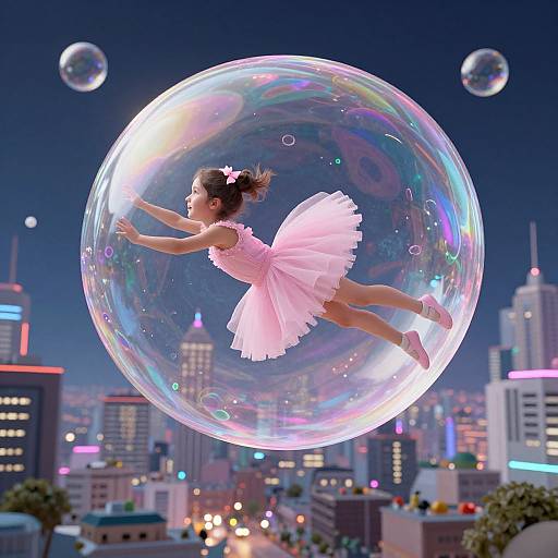 Photorealistic CGI of a ballet dancer in a pink tutu floating inside a large, iridescent bubble above a neon-lit cityscape.