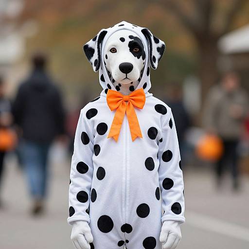 Photograph of a person in a Dalmatian costume with black spots and an orange bowtie, standing on a blurred city street.