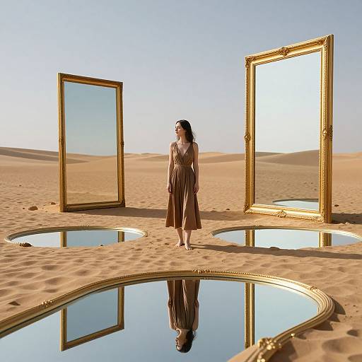 Photograph of a woman in a brown dress standing in a desert, surrounded by three large, ornate gold-framed mirrors reflecting her image and a