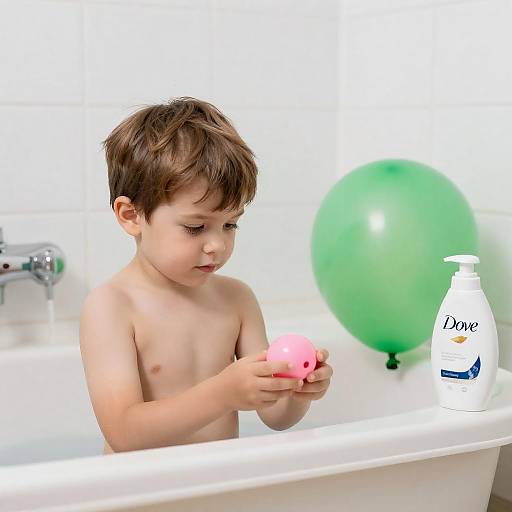 Young Boy in Bathtub with Toy