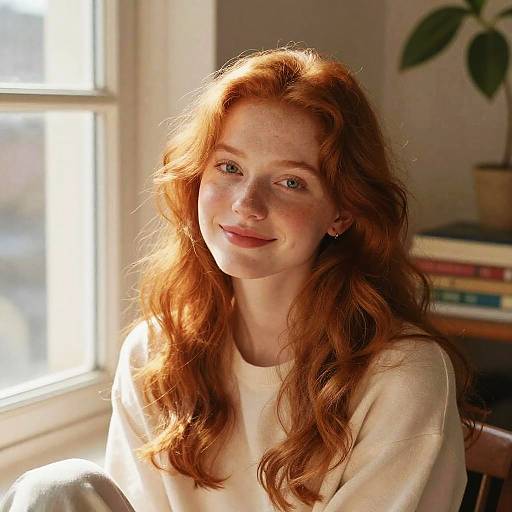 Photograph of a smiling, fair-skinned, red-haired woman with freckles, wearing a white sweater, seated near a sunlit window,