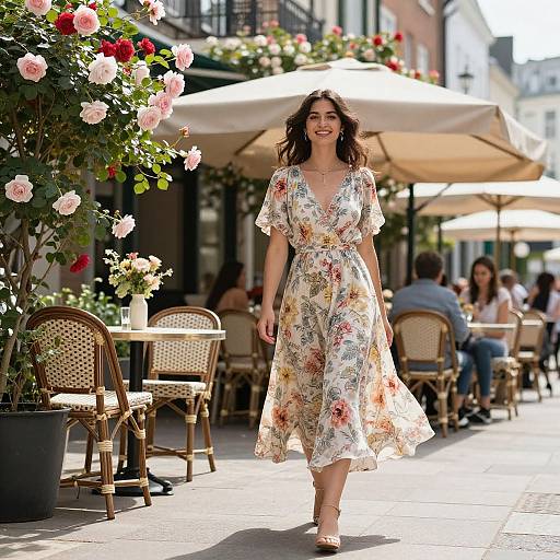 Photograph of a smiling woman in a floral dress walking on a sunlit street café, surrounded by blooming pink roses and outdoor seating.