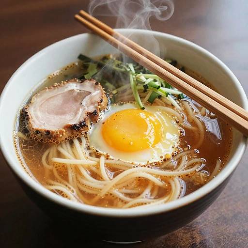 Photograph of steaming hot ramen bowl with soft-boiled egg, pork slice, noodles, green onions, and wooden chopsticks on a dark wooden