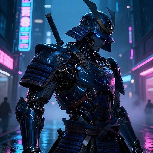 Cybernetic samurai robot in neon-lit, rainy urban street; blue and pink lights reflect off glossy armor; katana sheathed on