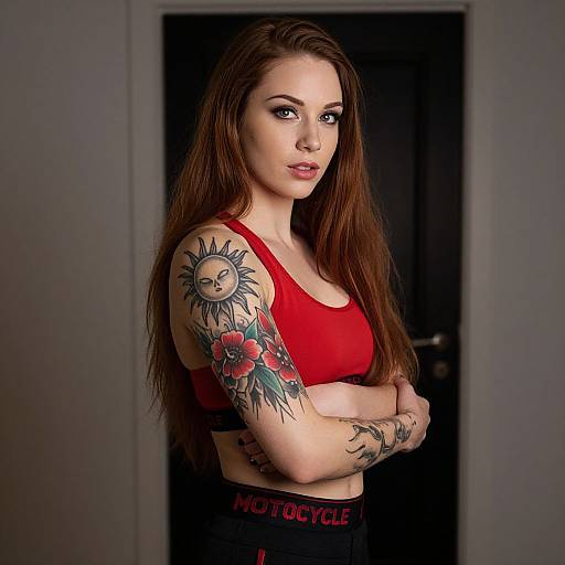 Photograph of a white woman with long brown hair, red sports bra, and black pants, showcasing sun and flower tattoos on her left arm, standing