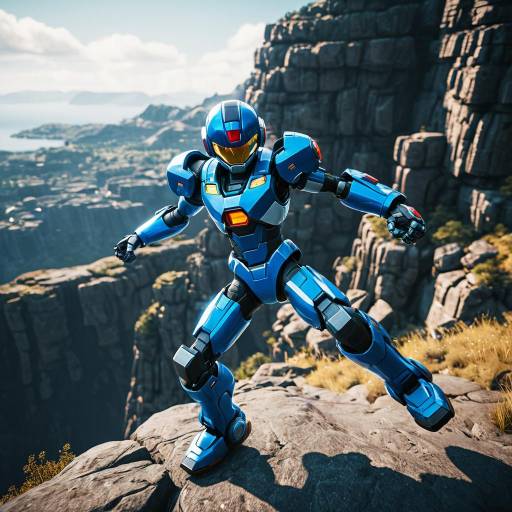 Futuristic Robot Warrior Jumping Over Cliff