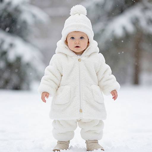 Photograph of a baby with blue eyes, wearing a white fluffy coat, hat, and mittens, standing in a snowy forest.