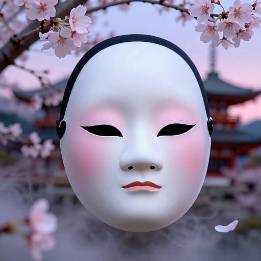 Photograph of a white Japanese Noh mask with black markings and pink blush, hanging from a cherry blossom branch, with a traditional Japanese building blurred in