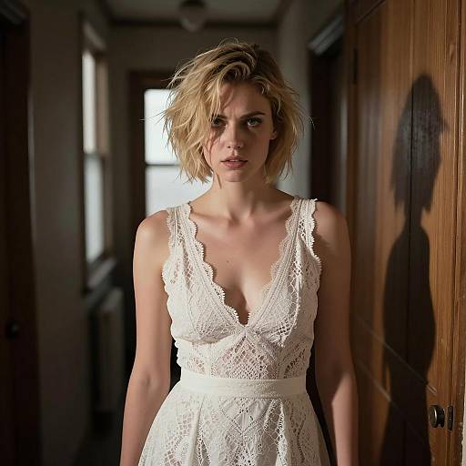 Intense Woman in Dimly Lit Hallway